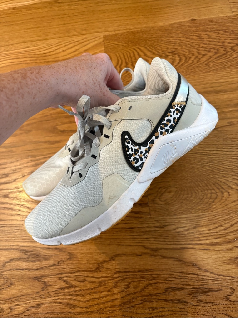 Nike Kids Light Beige Sneakers with Leopard Swoosh